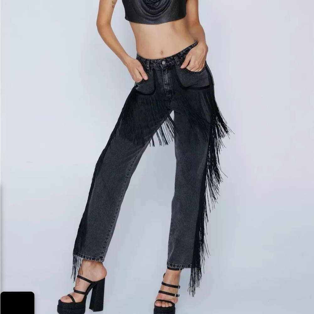 NASTY GAL Contrast Stitch Fringe Straight Leg Jeans